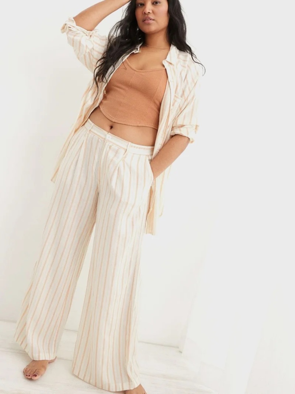 Aerie Linen High Waist Wide Leg Pants Beige Stripe